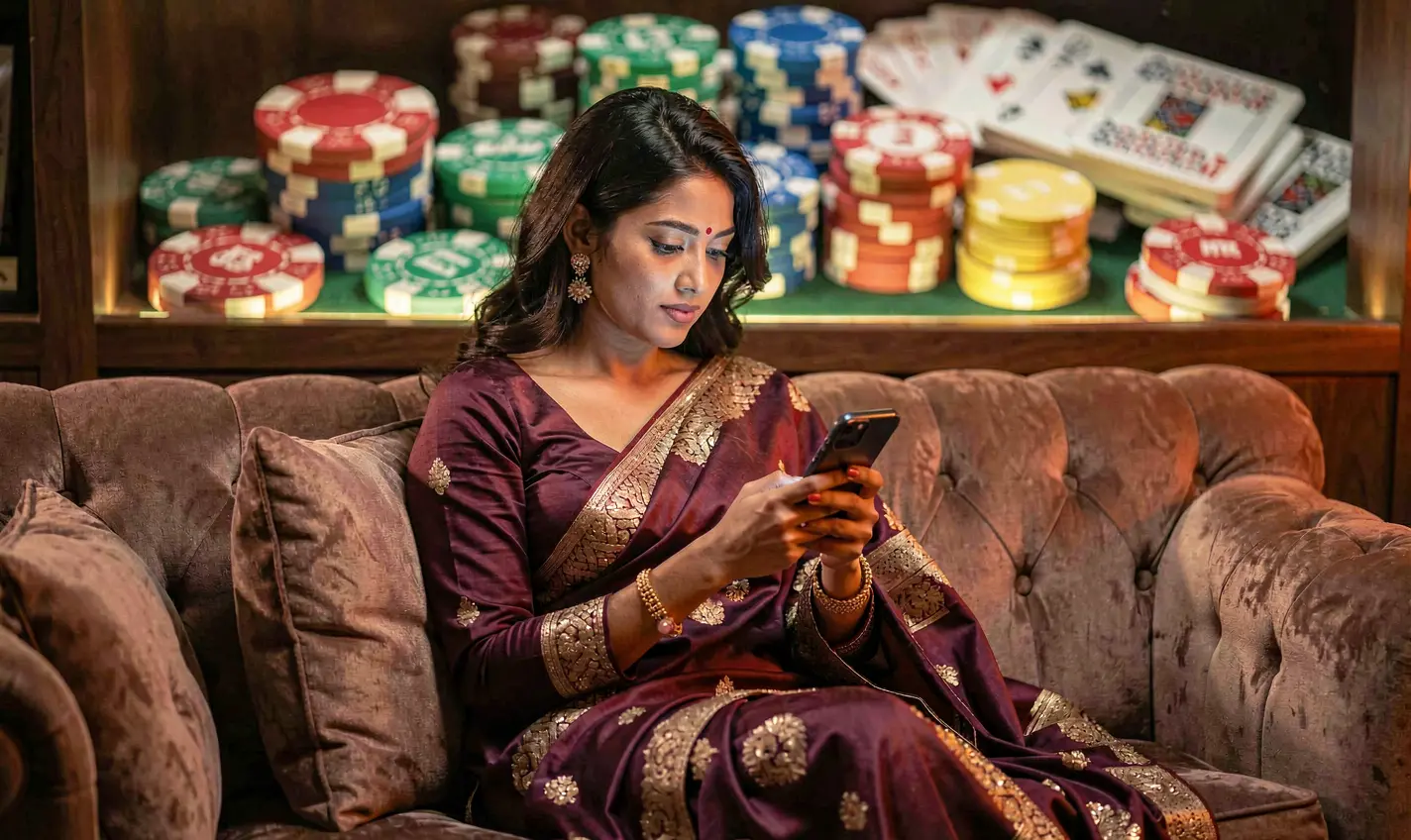 Confident Bangladeshi woman relaxing on a sofa while using the 28OK casino app surrounded by glowing chips and cards