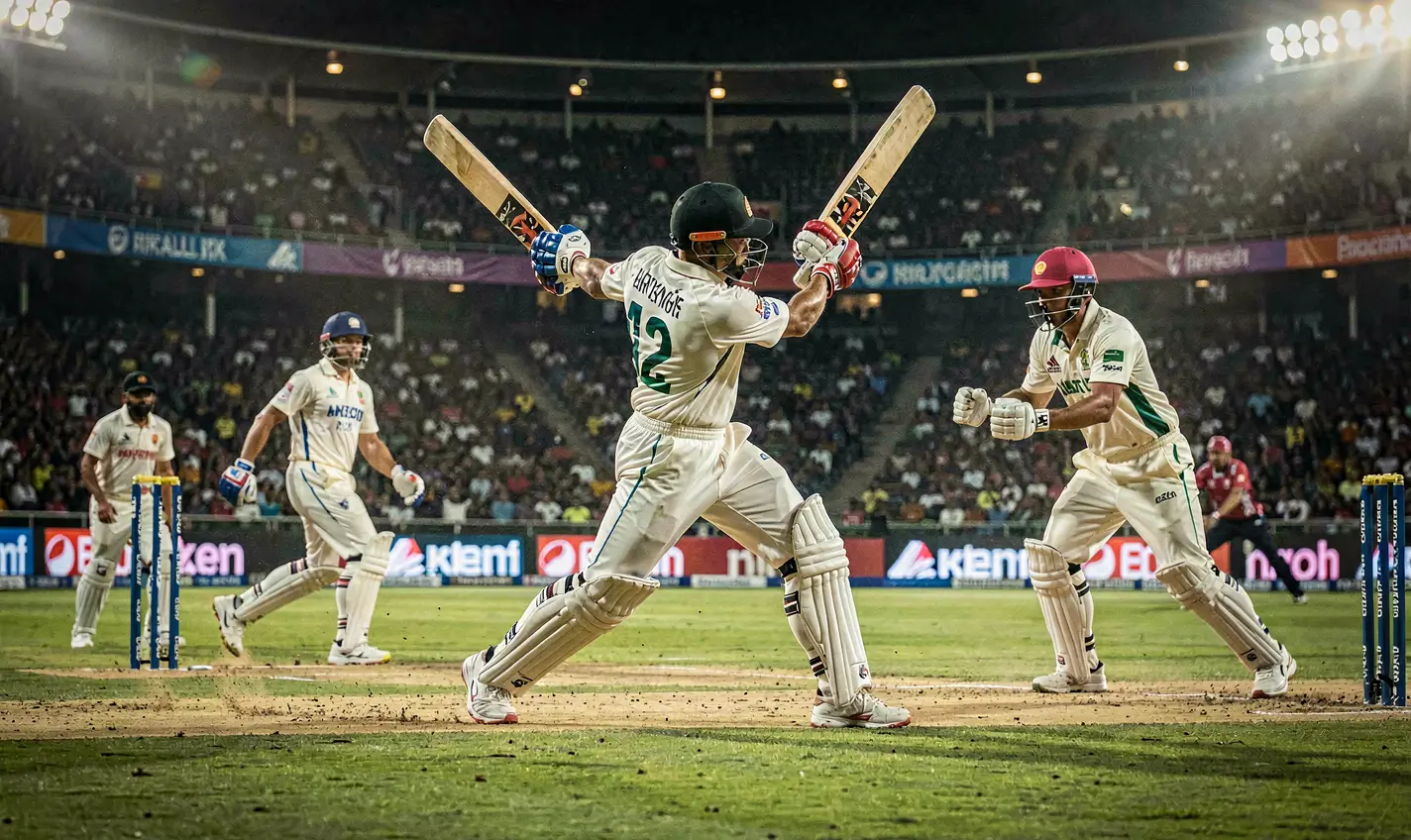 Intense cricket moment with the batsman playing a powerful shot in front of a packed stadium showcasing premium cricket betting on 28OK in Bangladesh