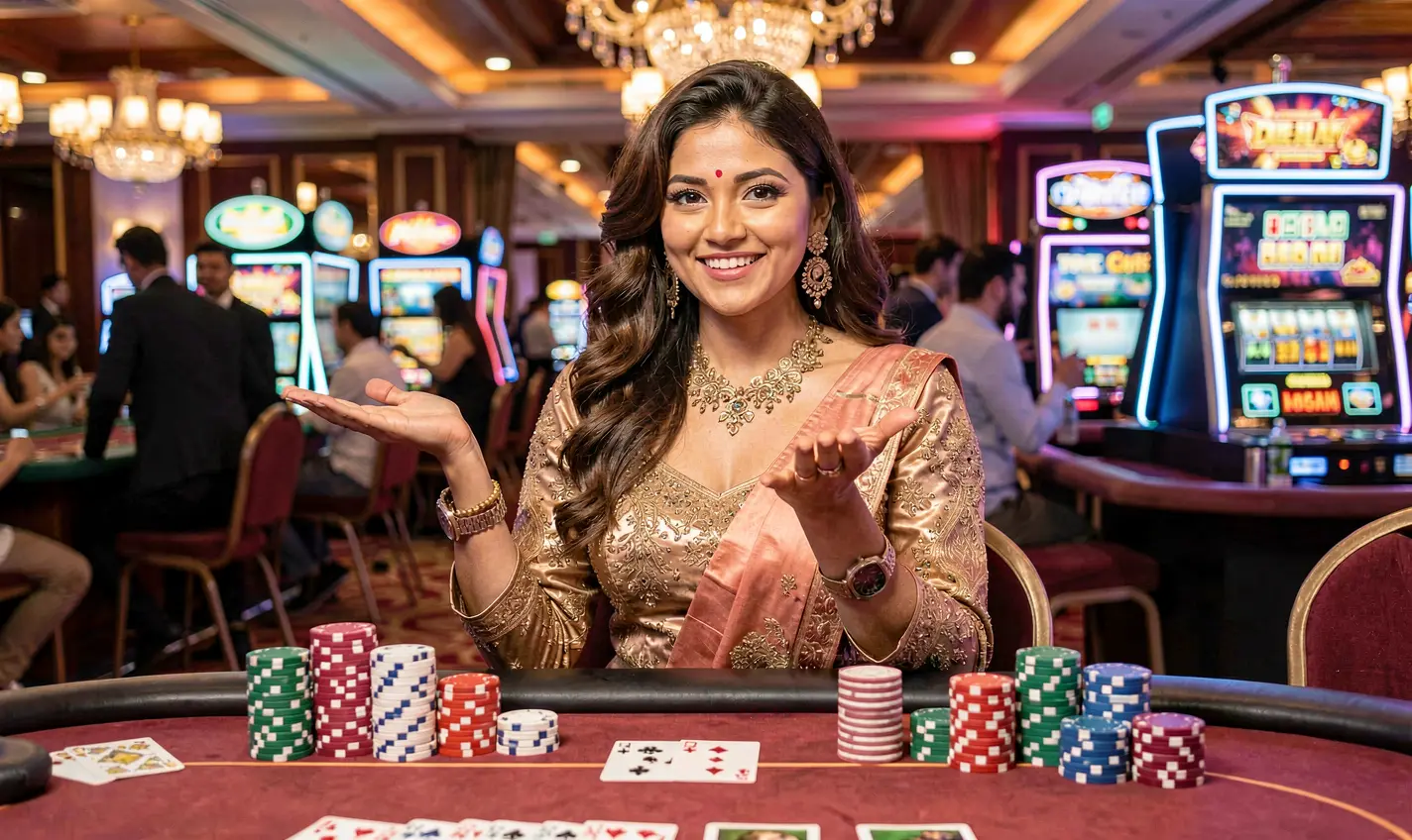 Elegant live casino dealer at a gaming table with stacked chips and a glowing backdrop representing the premium 28OK casino experience for Bangladesh