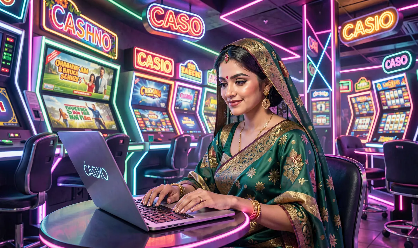 Focused Bangladeshi woman playing online casino games on a laptop surrounded by vibrant neon casino signs representing the immersive 28OK games experience