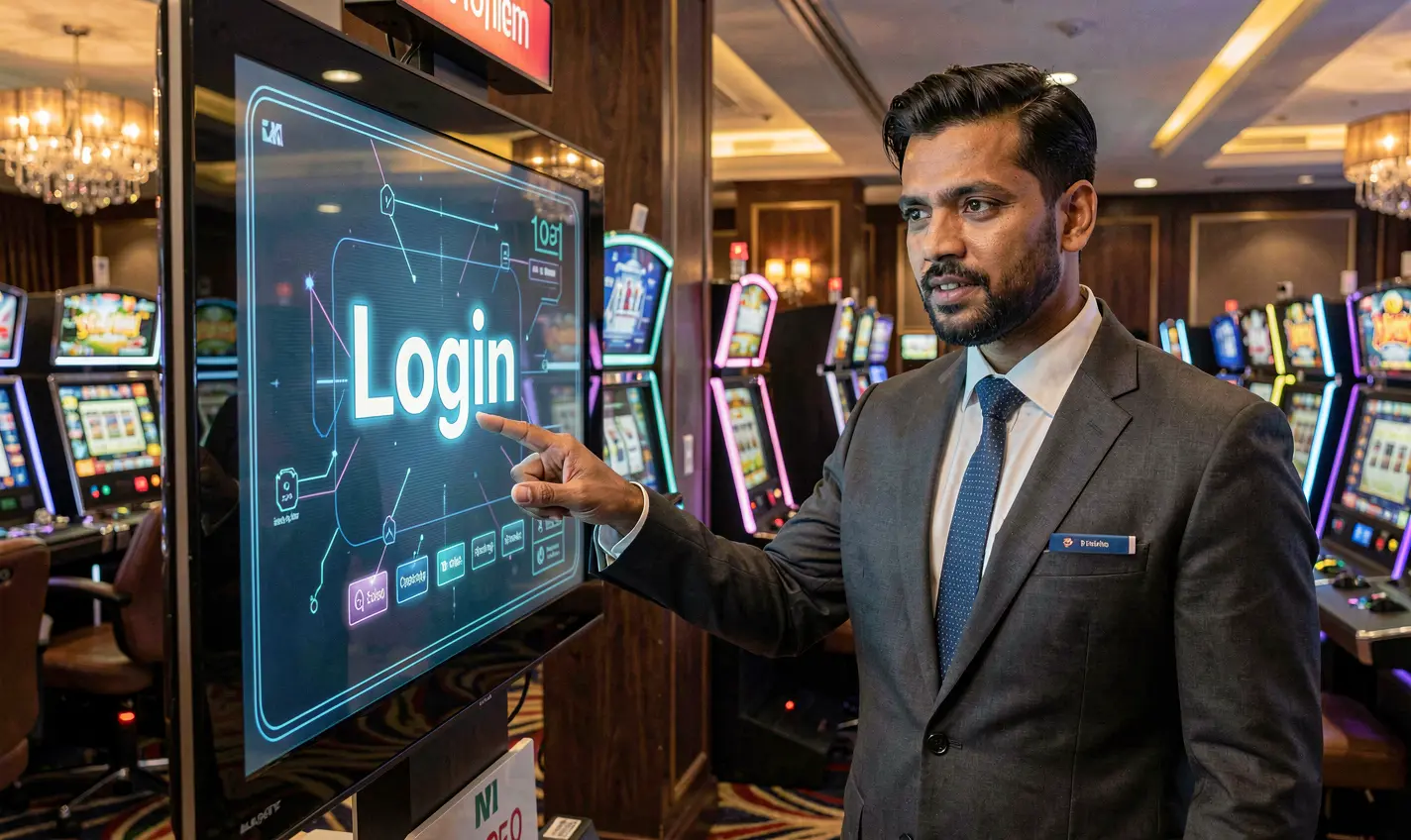 Stylish Bangladeshi casino host pointing at a glowing login screen inside a premium 28OK online casino environment