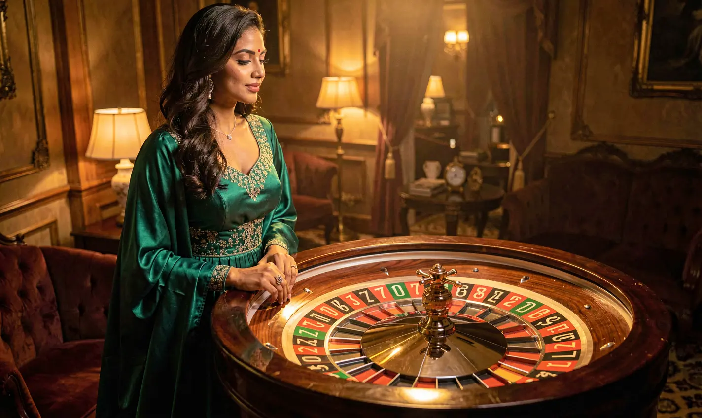Elegant casino scene with a glamorous woman in a luxury green gown beside a glowing roulette wheel highlighting the premium gaming atmosphere at 28OK for players in Bangladesh