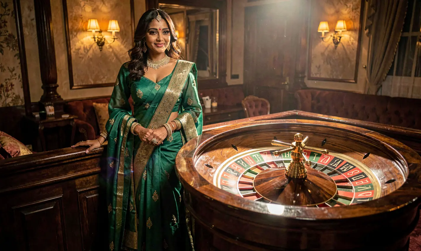 Elegant Bangladeshi woman in a luxury green evening dress posing near a modern roulette table inside the stylish 28OK casino atmosphere