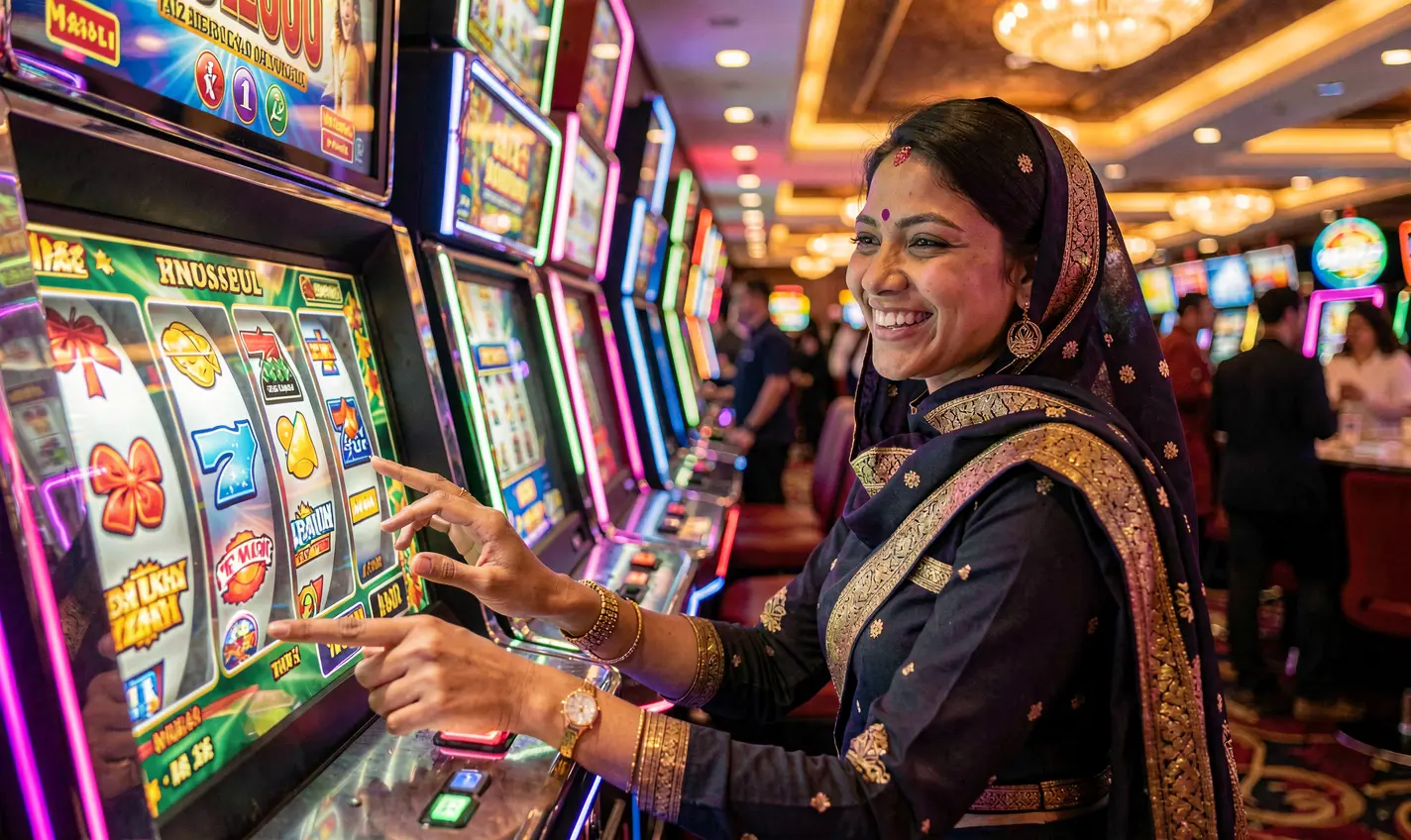 Happy Bangladeshi woman smiling while playing colorful slot machines with glowing reels and neon lights at 28OK casino online
